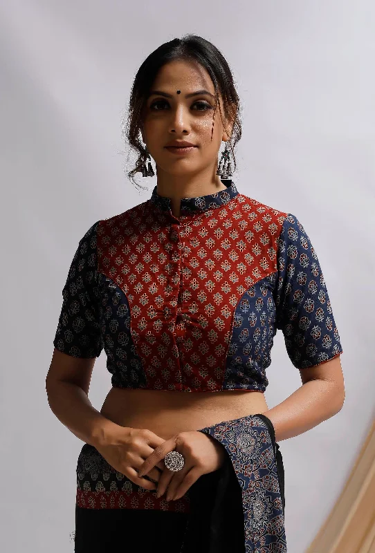 Blue and Red Ajrak Cotton Blouse Feminine Pastel Blouse