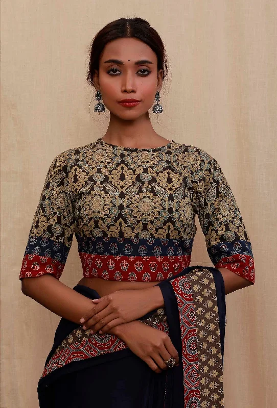 Blue and Red Round Neck Ajrak Printed Cotton Blouse Smart Casual Blouse