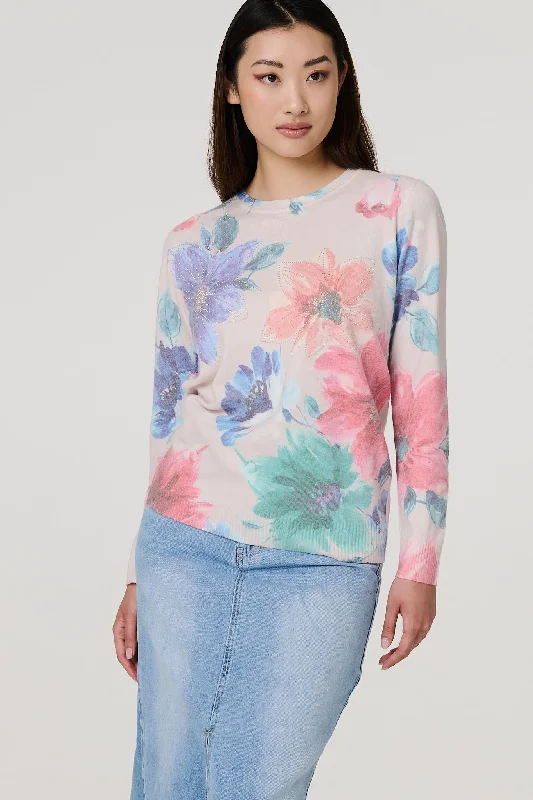 Floral Diamante Detail Long Sleeve Jumper Fitted Slim Tailored