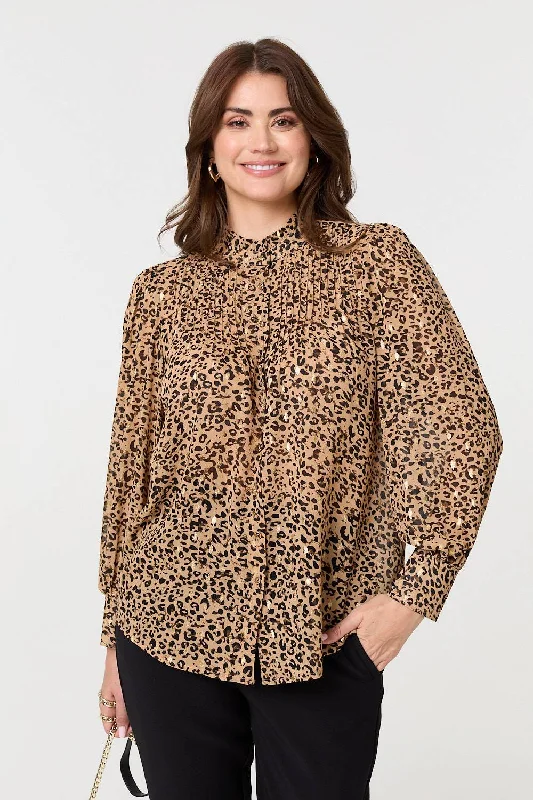 Animal Print High Neck Loose Fit Blouse Feminine Puff Blouse