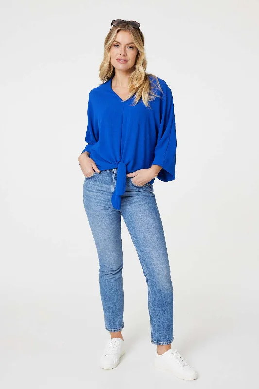 Knot Front Relaxed 3/4 Sleeve Blouse Feminine Puff Blouse