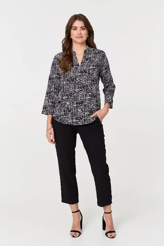 Printed 3/4 Sleeve Curved Hem Blouse Chic Off-Shoulder Blouse