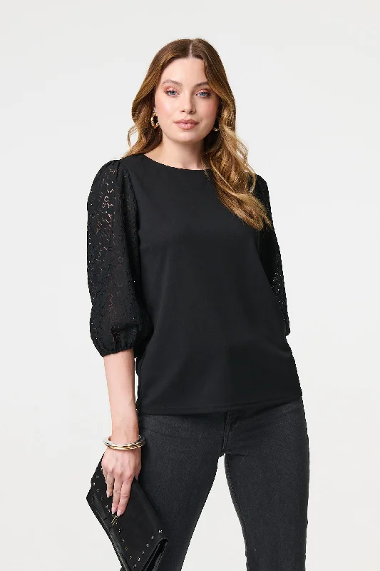 Floral Lace 3/4 Puff Sleeve Blouse Bell Sleeve Blouse