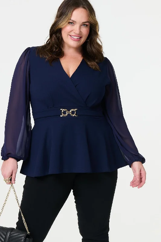 Sheer Sleeve Wrap Front Blouse Romantic Lace Blouse