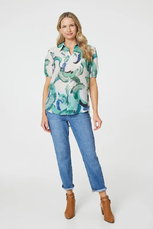 Abstract Print 1/2 Sleeve Blouse Classic White Blouse