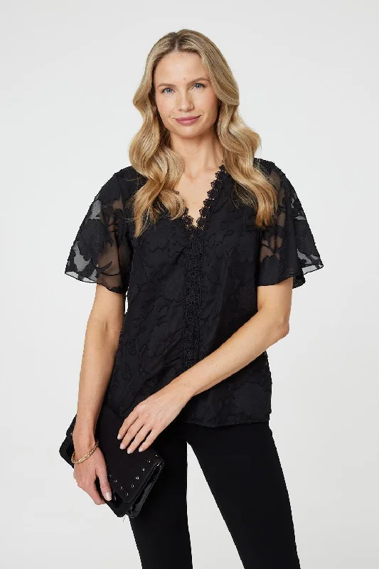 Floral Lace Detail Flared Sleeve Blouse Ruffled Neck Blouse