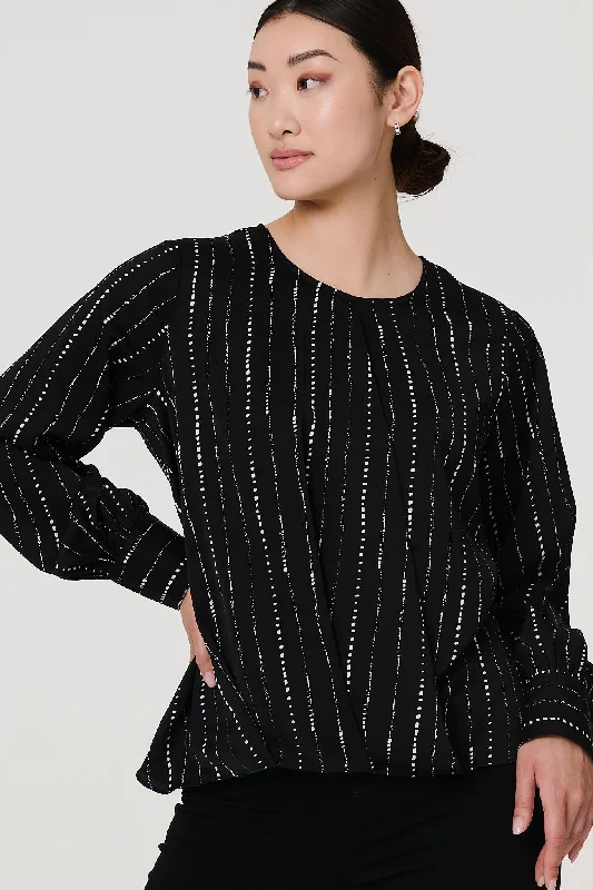 Metallic Stripe Long Sleeve Blouse Peter Pan Collar Blouse