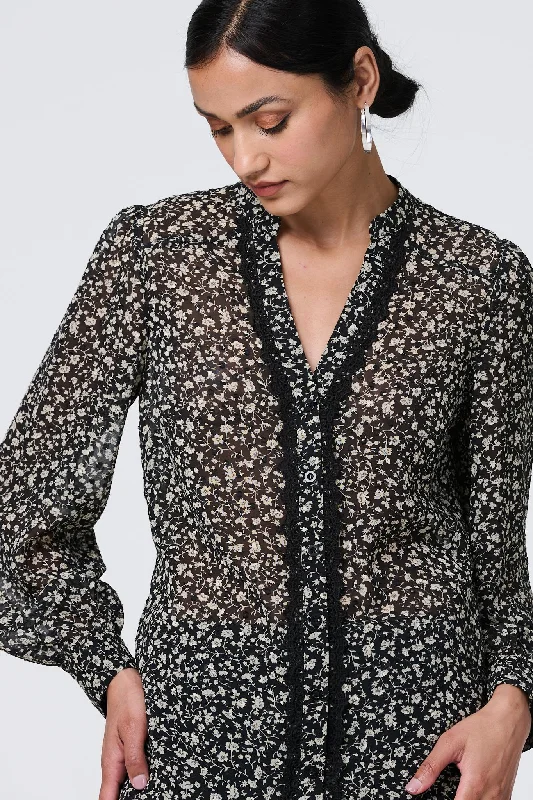 Ditsy Floral Semi Sheer Long Sleeve Blouse Loose Oversized Blouse
