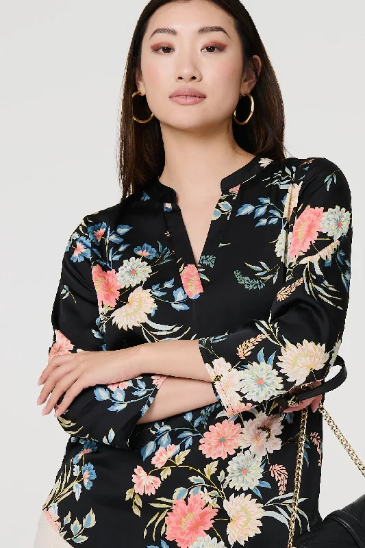 Floral Print 3/4 Sleeve V-Neck Blouse Short Sleeve Blouse