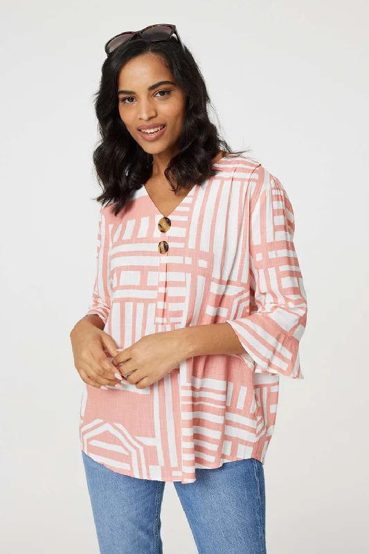 Printed 3/4 Flare Sleeve Blouse Short Sleeve Blouse