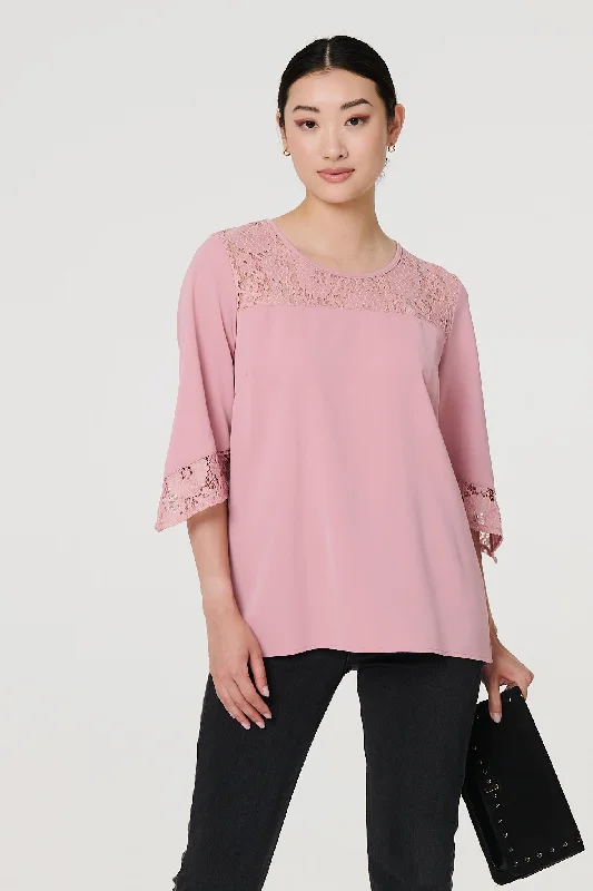 Lace Detail 3/4 Sleeve Blouse Semi-Sheer Blouse