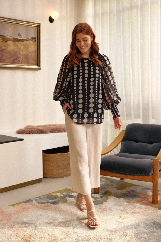 Spotty Print Semi Sheer Puff Sleeve Blouse Embellished Collar Blouse