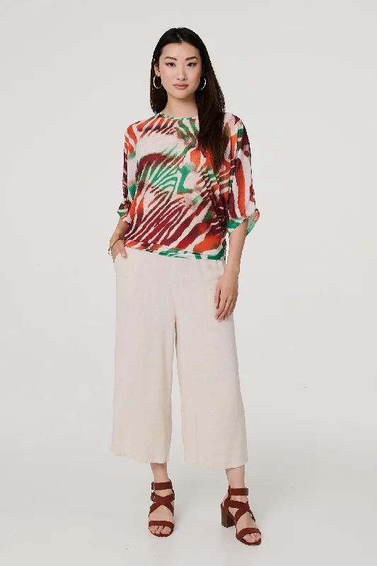 Animal Print 3/4 Sleeve Relaxed Blouse Feminine Satin Blouse