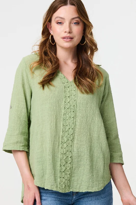 Lace Detail V-Neck Relaxed Blouse Boho Printed Blouse
