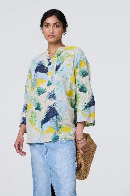 Brushstroke Print Relaxed 3/4 Sleeve Blouse Sleeveless Summer Blouse