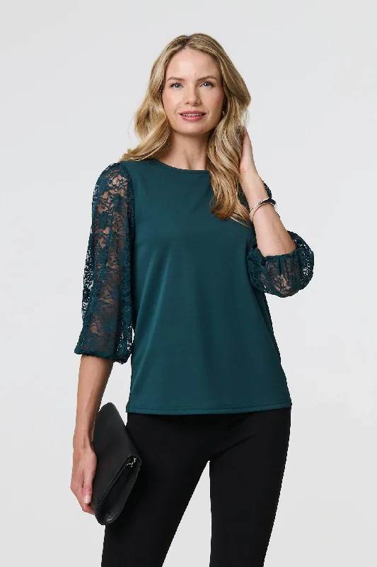 Floral Lace 3/4 Sleeve Blouse Elegant Lace Blouse
