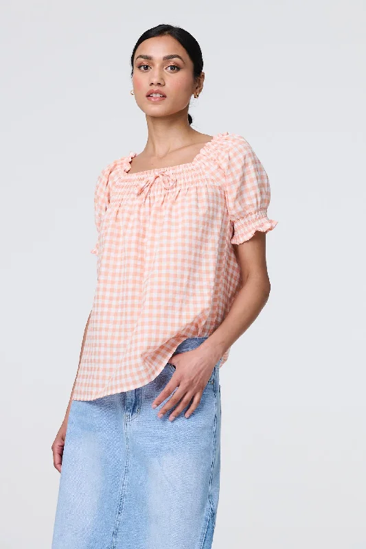 Gingham Check Puff Sleeve Blouse Pleated Collar Blouse