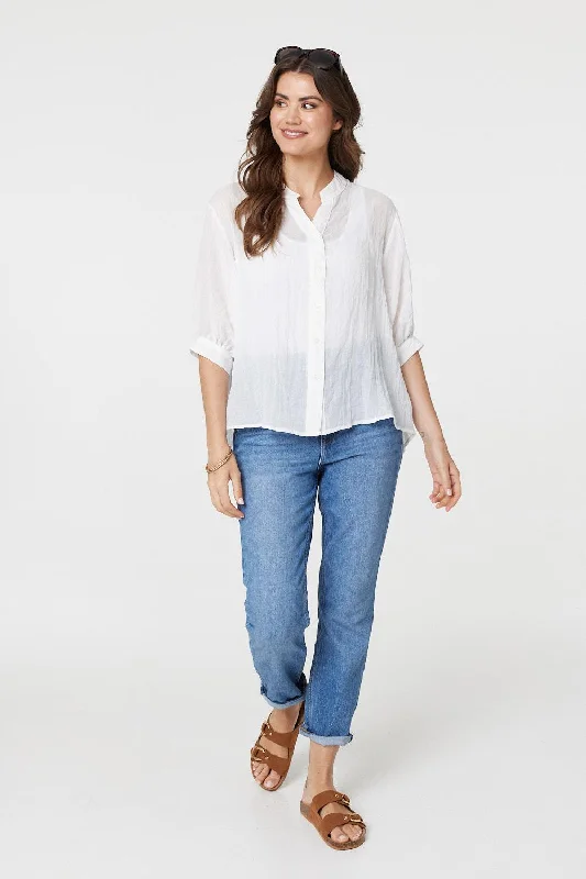 Collarless Button Back 3/4 Sleeve Blouse Wrap Front Blouse