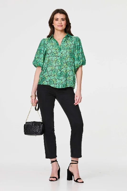 Leaf Print 1/2 Puff Sleeve Blouse Chic Wrap Blouse