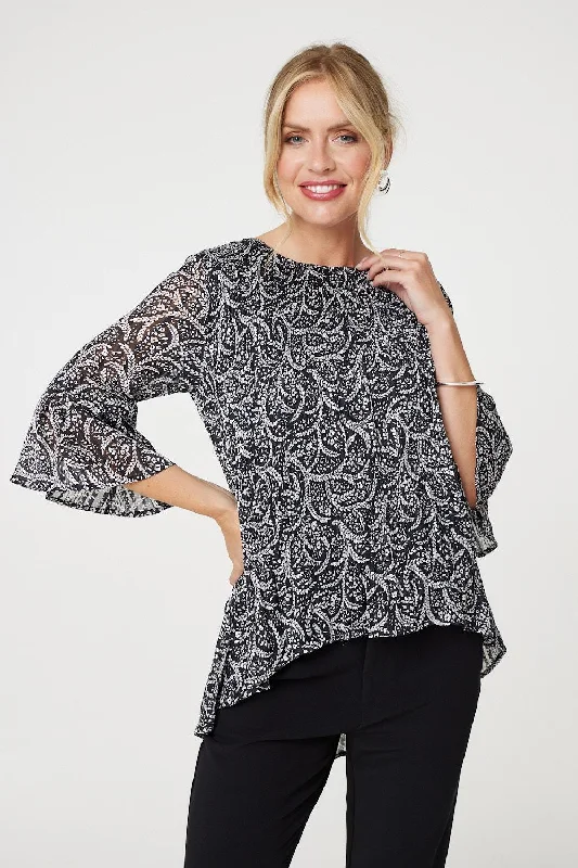 Leaf Print 3/4 Sleeve High Low Blouse Classic Striped Blouse