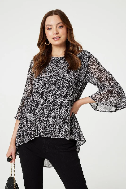 Ditsy Floral Flare Sleeve Curve Hem Blouse Gathered Detail Blouse