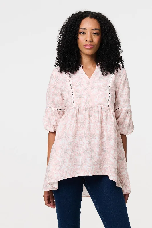 Floral Curve Hem 3/4 Puff Sleeve Blouse Casual Relaxed Fit Blouse