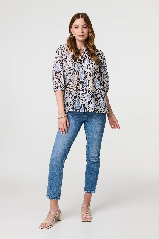 Floral 3/4 Puff Sleeve Relaxed Blouse Elegant Embroidery Blouse