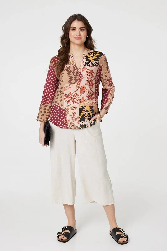 Patchwork Print Curve Hem Blouse Subtle Shimmer Blouse