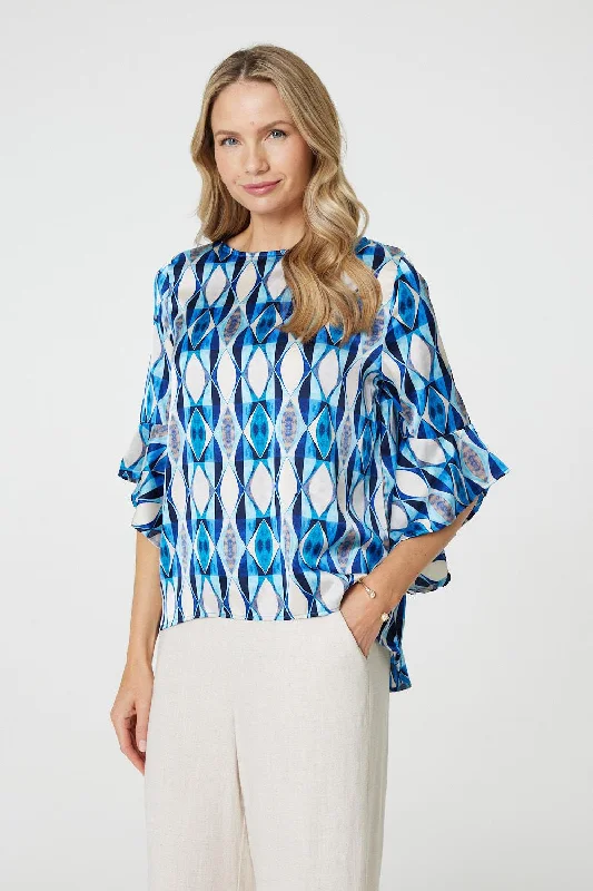 Geo Print 3/4 Flute Sleeve Curve Hem Blouse Bell Sleeve Blouse