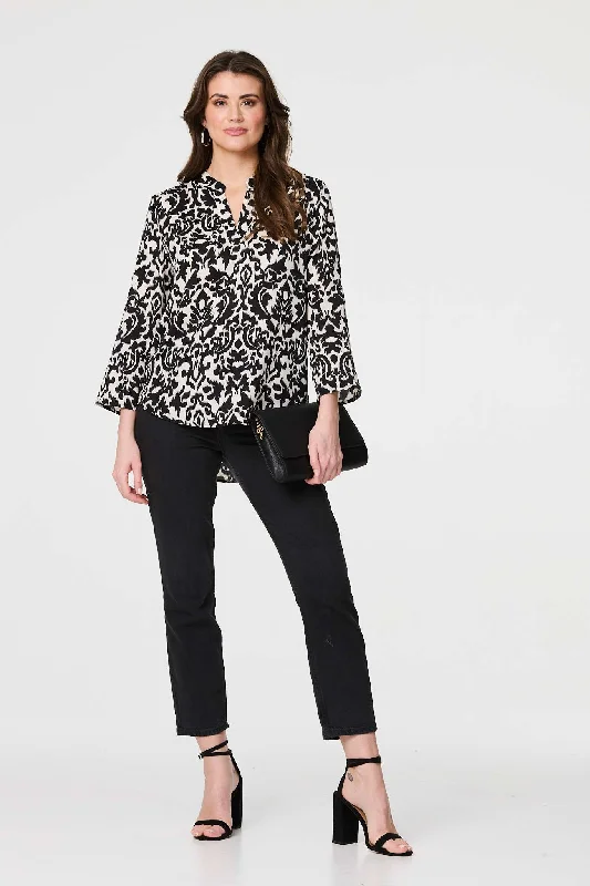 Printed 3/4 Sleeve Curve Hem Blouse Classic Minimalist Blouse
