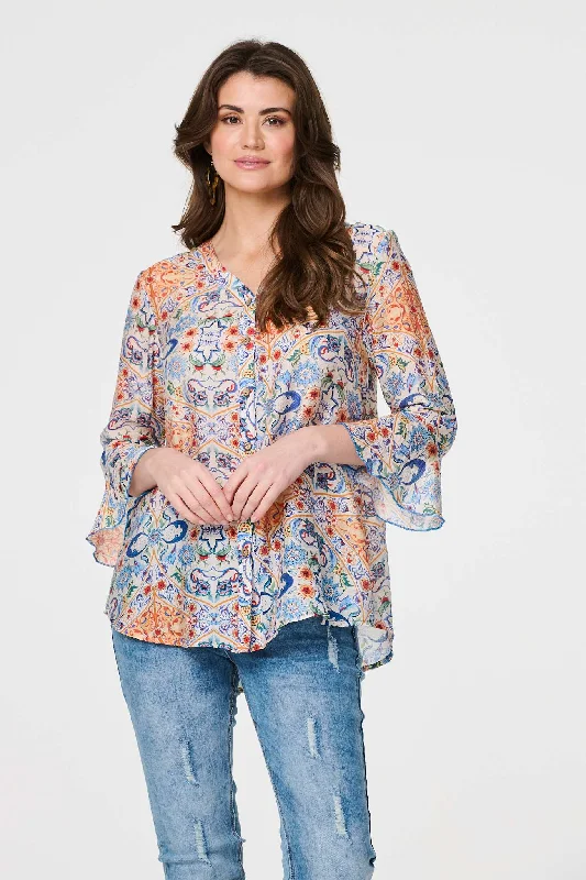 Printed 3/4 Flute Sleeve Blouse Casual Button Blouse