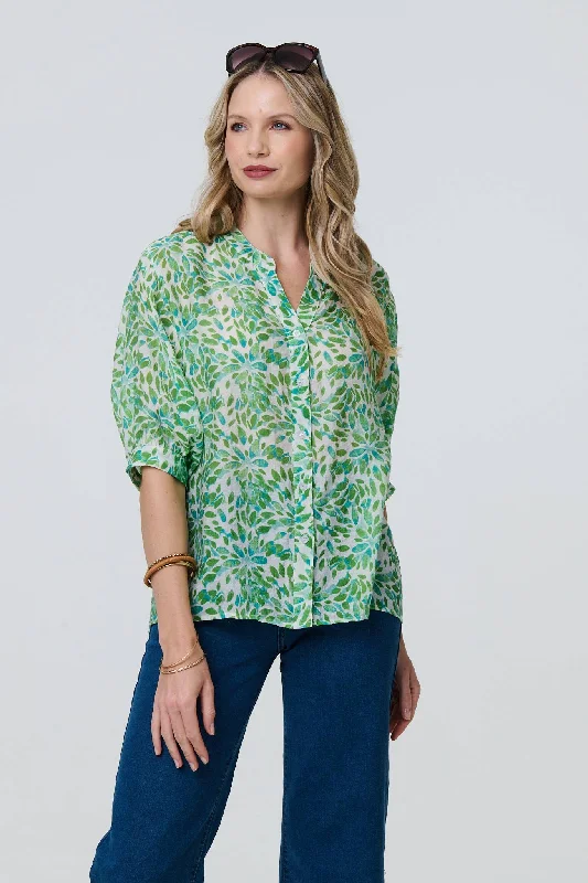 Printed 3/4 Turn-Up Sleeve Collarless Blouse Double Button Blouse