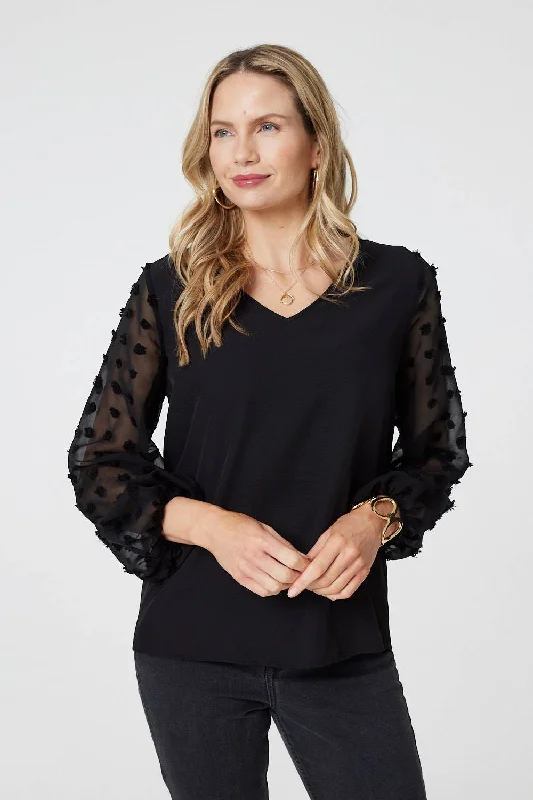 Polka Dot Semi Sheer V-Neck Blouse Lightweight Floral Blouse