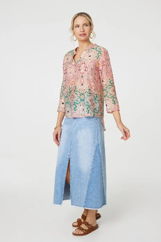 Printed 3/4 Sleeve V-Neck Relaxed Blouse Feminine Pastel Blouse