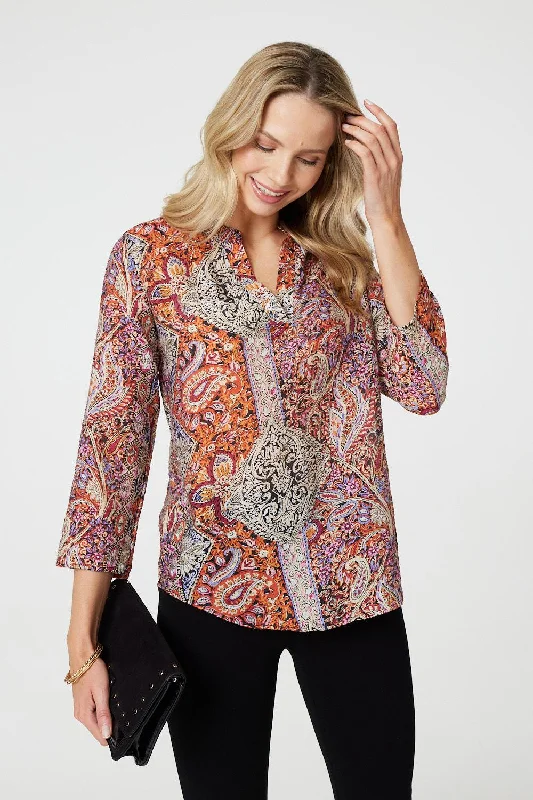 Paisley 3/4 Sleeve V-Neck Blouse Pastel Color Blouse