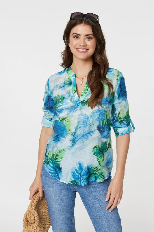 Tropical Print V-Neck 3/4 Sleeve Blouse Delicate Pleat Blouse