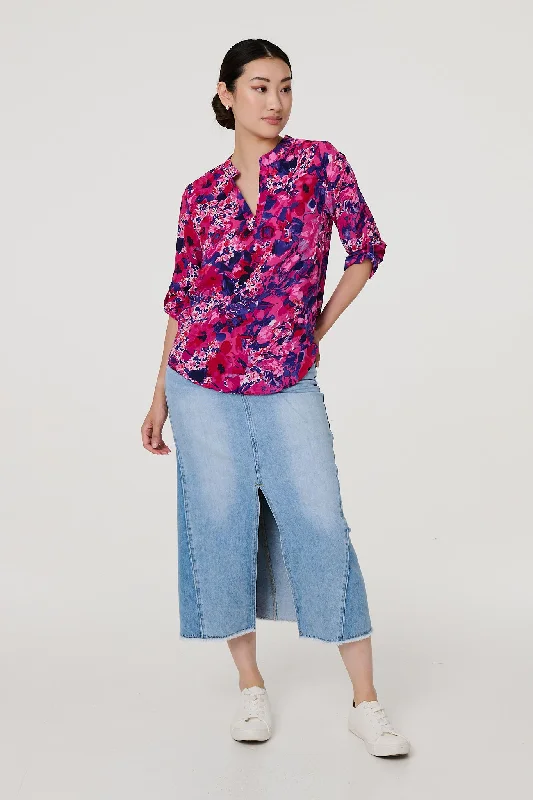 Floral 3/4 Sleeve Collarless Blouse Puff Sleeve Blouse