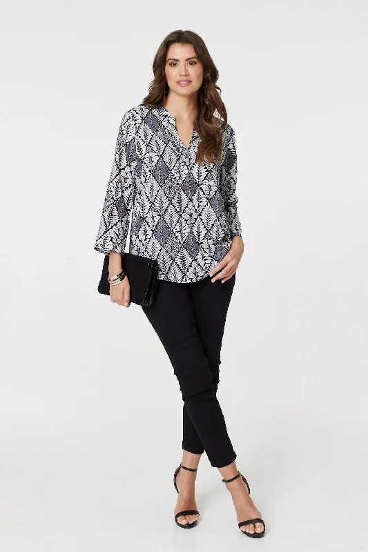 Leaf Print 3/4 Sleeve Curve Hem Blouse Ruched Sleeve Blouse