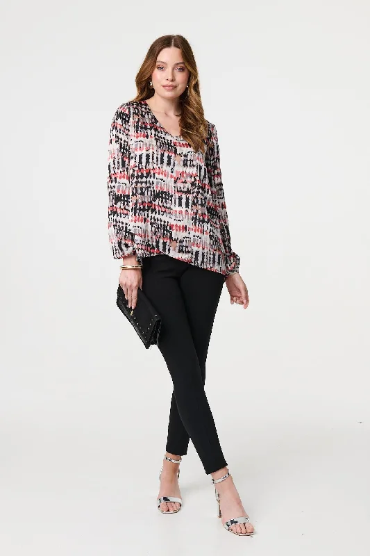 Printed Long Sleeve V-Neck Tunic Blouse Polished Work Blouse