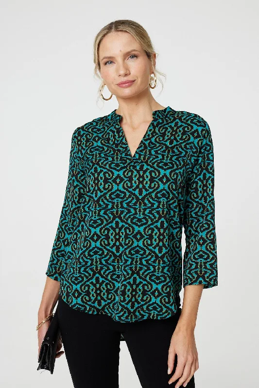 Aztec Print 3/4 Sleeve Curve Hem Blouse Sheer Sleeve Blouse