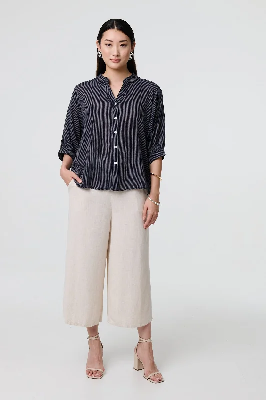 Pinstripe Relaxed Button Back Blouse Modern Work Blouse