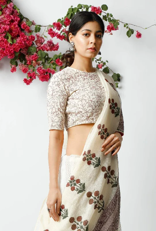 The Floral Printed Off-White Kota Doria Blouse Elegant Embroidery Blouse