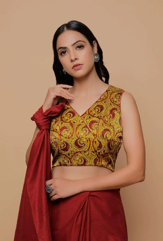 Yellow Printed Mashru Sleevless Blouse Sleeveless Chiffon Blouse