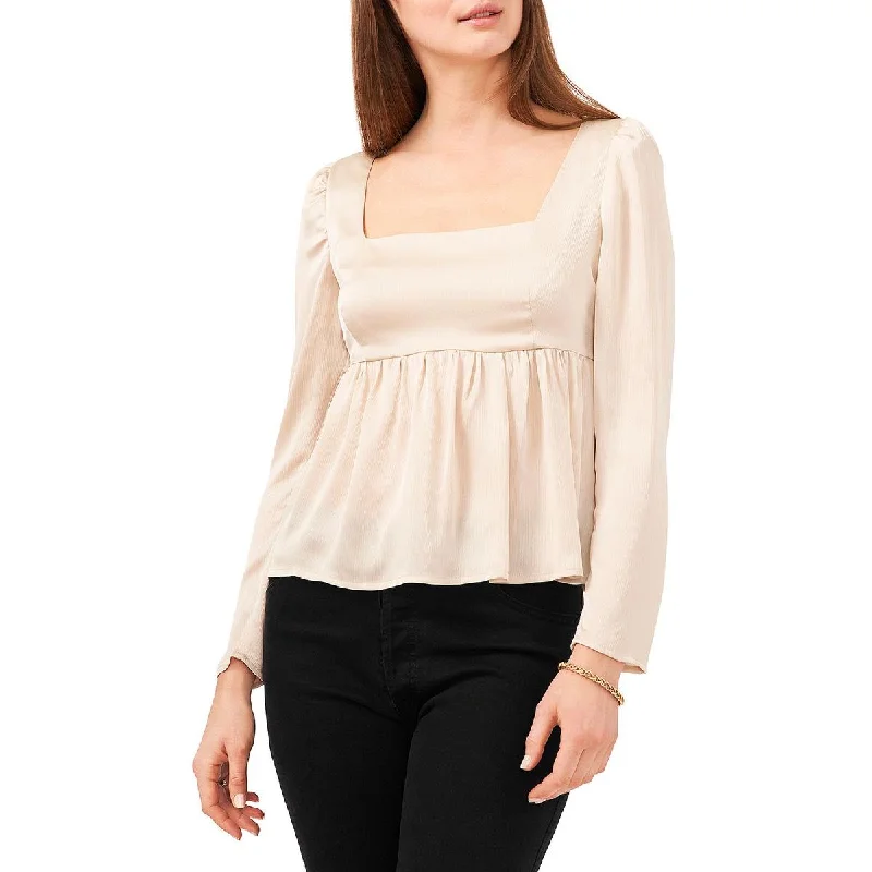 1.State Womens Winter Luxe Square neckline Puff Sleeve Blouse Stretchy Fitted Blouse