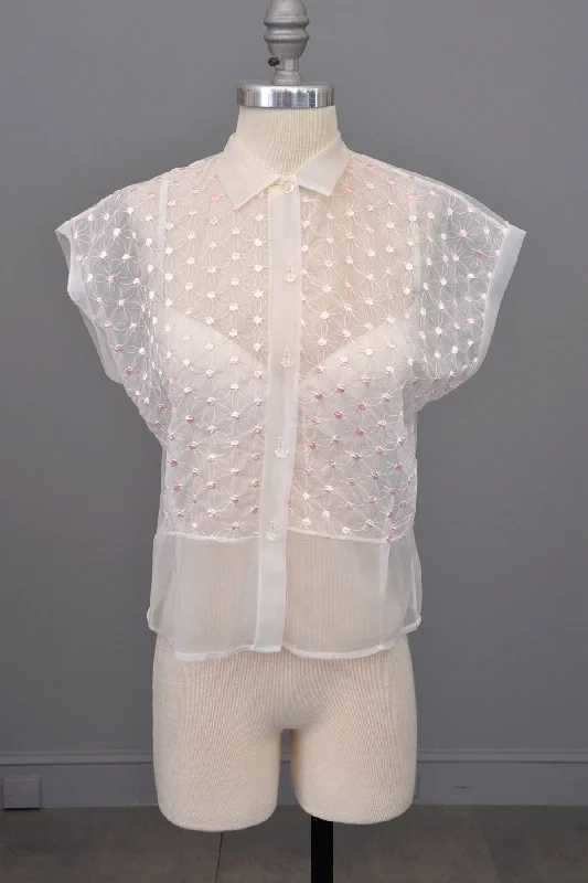 1950s Sheer White Nylon Blouse w Pink Embroidered Flower Dots Backless Summer Blouse