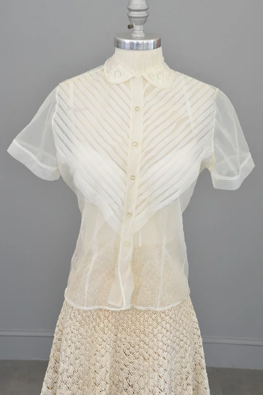 1950s White Sheer Nylon Pleated Blouse Textured Cotton Blouse