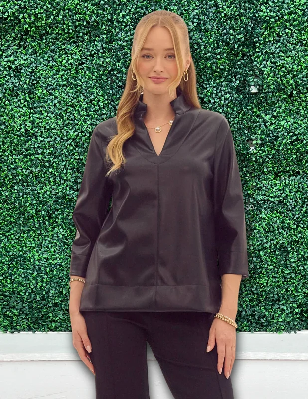 V-Neck Pleather Blouse Loose Oversized Blouse