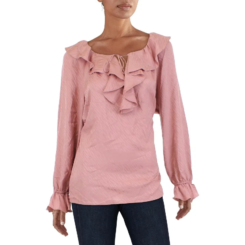 Anne Klein Womens Tonal Wave Ruffled Jacquard Blouse Lightweight Floral Blouse