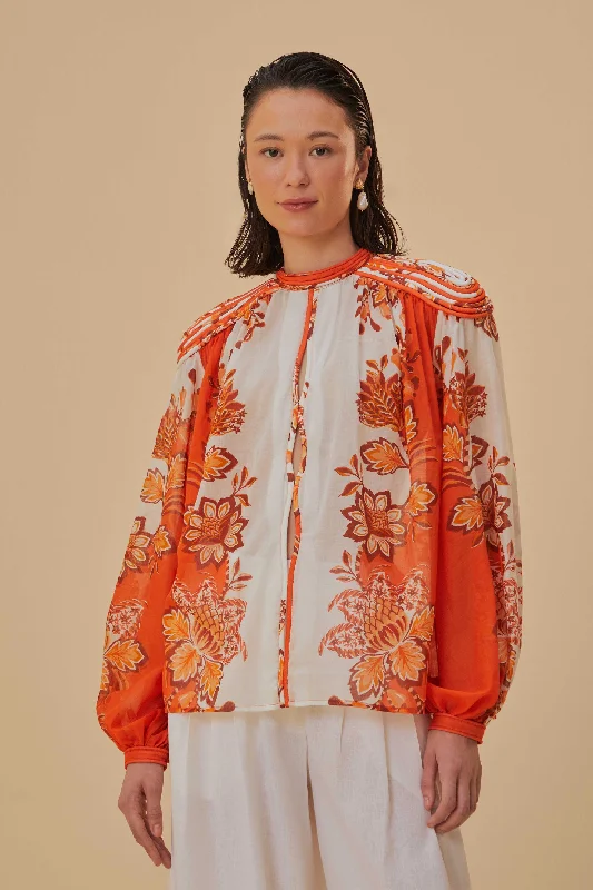 Orange Aura Piping Trim Organic Cotton Blouse Polished Work Blouse
