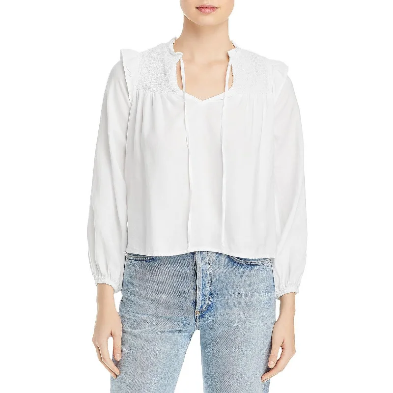 Bella Dahl Womens Smocked Ruffled Blouse Satin Bow Blouse